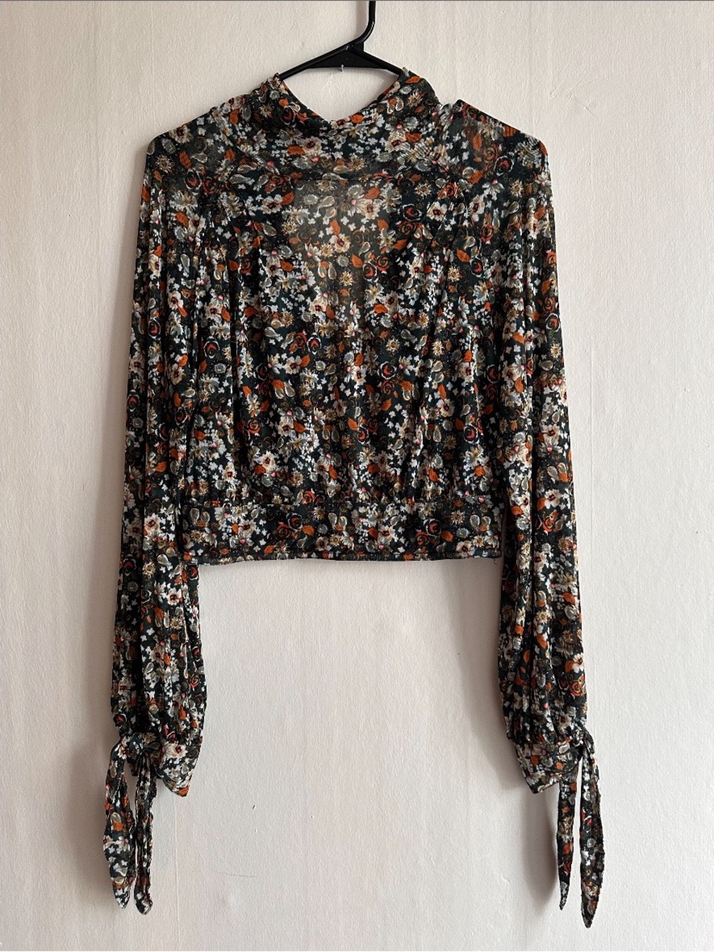 Free People All Dolled Up Floral Green Sheer High Neck Long Sleeve Mesh Blouse S